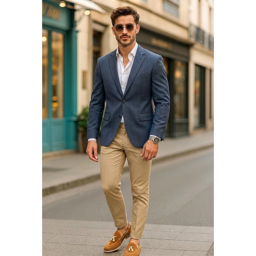 Joseph & Feiss Gold Blazer Mens 44S Blue Wool Blend Executive Fit Old Money